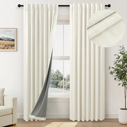 Image of Room Darkening Curtains 63 Inches Long Small Bay Window Dining Room Curtains Boho Soft Cotton Linen Textured Insulated Back Tab Pocket Pleated Blackout Drapes Cream Ivory 52 x 63 Inch Length 2 Panels