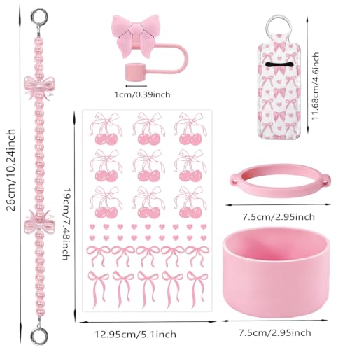 Image of House of Quirk 6 Accessories Set Silicone Straw Cover, Cup Boot, Handle Chain, Handle Strap, Sticker 40oz & 30oz Tumbler (Bow Pink, Tumbler Not Included)