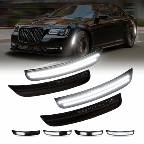 AUTOONE Upgraded Dynamic LED Side Marker Lights White Compatible With 2015-2023 Chrysler 300, White Front & Rear Bumper Marker Lamps Smoked Len, 4PCS Dynamic White