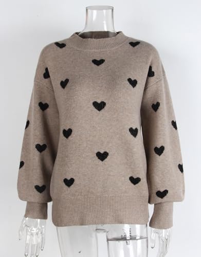 Image of Women's Long Sleeve Mock Neck Sweaters Loose Cute Heart Pullover Sweater