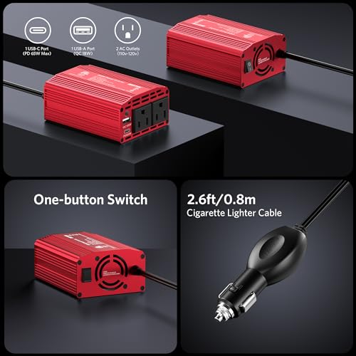 image for BESTEK 300W Car Power Inverter with 65W USB-C and QC3.0 Ports - 12V DC
