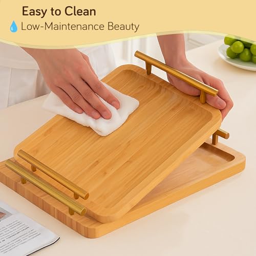 Image of HOKIPO Natural Bamboo Serving Tray Set - Multipurpose Kitchen, Breakfast & Tea Tray (Medium + Large) (AR-5769-ML)