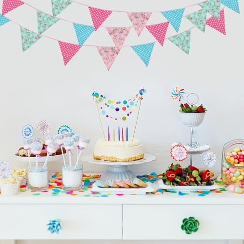 Image of Zwiebeco 32Ft Pink Blue Circle Dots Floral Fabric Bunting Triangle Flags Cotton Flowers Pennant Banner Decorations for Birthday Wedding Engagement Tea Party Spring Rustic Village Home Garden Decor