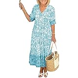 LULAND Boho-Kleid mit V-Ausschnitt, Blumen-Boho-Kleid, Blumen-Midi-Kleid für Frauen (Light Blue,XXX-Large)