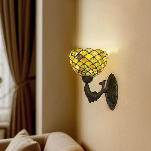 Image of Green Fish Scales Tiffany Wall Sconce 8 inch Stained Glass Wall Light with E26 Base Vintage Art Deco Wall Lamp for Bedroom Hallway Living Room Home Office