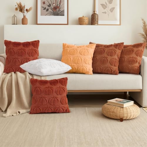 Image of decorUhome Fall Decorative Light Rust Pumpkin Throw Pillow Covers 16x16 Set of 2, Soft Faux Fur Plush Farmhouse Accent Pillow Cases for Couch Bed Sofa Autumn Harvest Halloween Holiday Home Decor