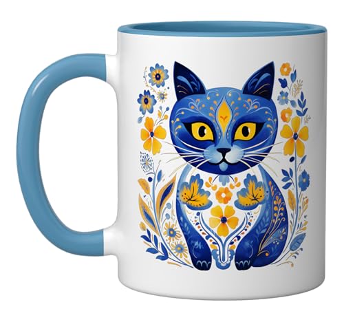 Ukraine Cat Floral Vintage Ukrainian Flag Vyshyvanka Style Ceramic Mug, Blue/White