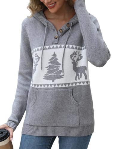 Image of CiCiBird Women's Fall Hoodies Sweater V Neck Waffle Knit Top with Pocket | Loose Fit, V Neck Button, Adjustable Drawstring, Long Sleeve, Kangaroo Pocket, Weekend Errands, Daily Wear, Work Casual