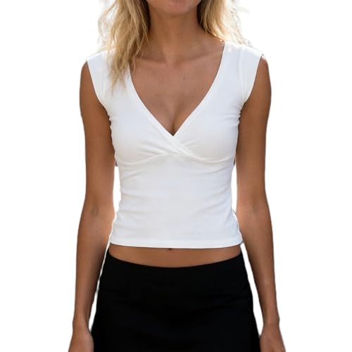 Women Y2K Crop Tops Deep V Neck Cap Sleeve Slim Fit Vintage Solid Color Fairy Grunge Going Out Tank Tops Streetwear(White S)
