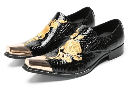 Image of Santimon Men’s Genuine Leather Embroidered Loafers – Handmade Snakeskin Dress Shoes with Gold Metal Toe, Luxury Slip-On Casual Party Shoes for Wedding, Prom, Disco & Nightclub Black 9.5 US