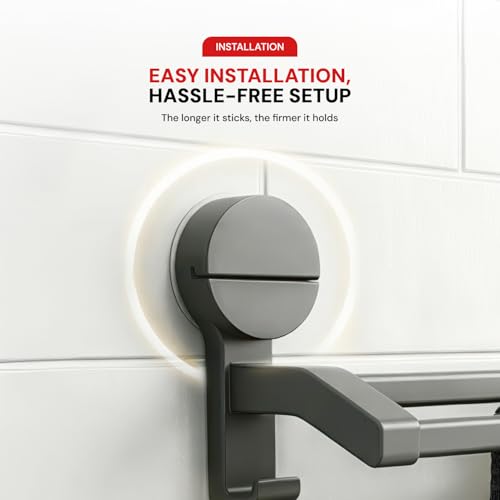 Image of Amazon Basics Suction Towel Holder for Bathroom - Rust - Free Powder Coated Wall Mounted Towel Rack No Drill Towel Rack Modern Bathroom Accessories Organizer Grey