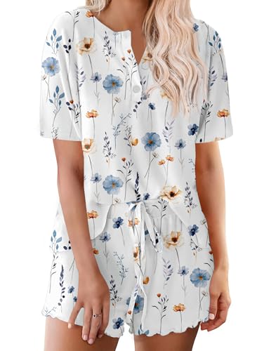 Image of Ekouaer Pajamas Set for Women Short Sleeve Lounge Set 2 Piece Loungewear PJs Soft Cute Lightweight Sleepwear