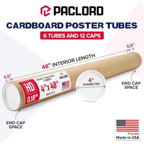 Paclord 4" x 48" Heavy-Duty Reinforced Cardboard Mailing Tube, Pack of 6 Tubes with 12 Caps – Secure USPS Approved – Great for Shipping and Storing of Prints, Artwork, Posters or Documents by Paclord - Used condition - Image 2
