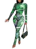 Ekaliy Women 2 Piece Outfits for Women Sexy Clubwear Mesh Sheer Jumpsuit Long Sleeve Bodysuit See Through Bodycon Pants Sets Two Piece Jumpsuits Sexy Sheer Club Outfits Green M