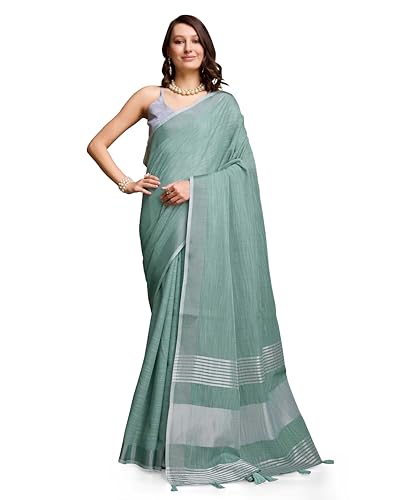Image of SWORNOF Women's Linen Cotton Silk Saree with Unstitched Blouse Piece | Saree for Women | Saree with Blouse Piece | Soft and Skin Friendly