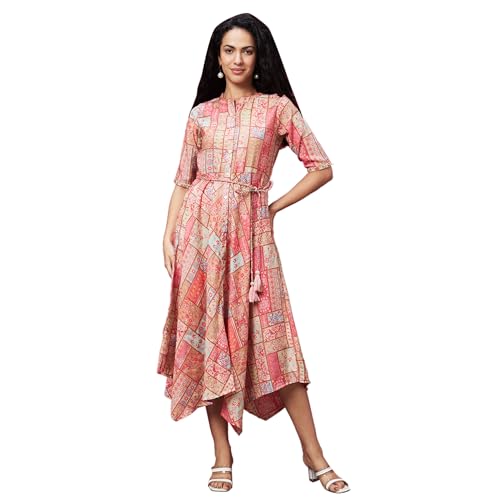 Image of Globus Coral Mandarin Collar All Over Printed Belted Dress