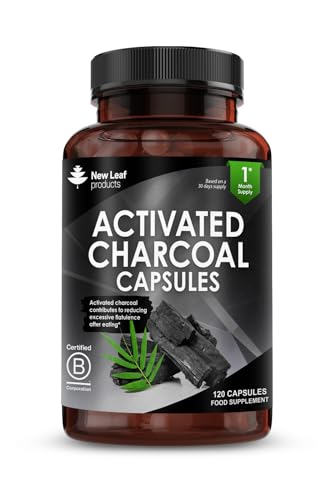 Activated Charcoal Capsules - 120 High Strength Activated Charcoal Tablets Alternative - 1040mg Activated Charcoal Per Serving, Helps Reduce Excessive Flatulence After Eating - Made in UK by New Leaf