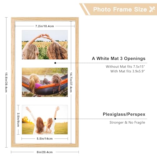 Multiple 3 Aperture Picture Frame for 10 x 15 cm Images,3 opening-6 x 4 Inch Natural Wood Color Photo Frame Made of Solid OAK Wood with Plexi-glass Front for Wall Mount,2 pack triple photo frames 6x4