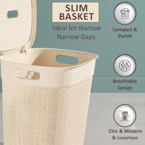 Image of 70 Ltr Plastic Big Laundry Basket for Clothes with Lid & Carry Handles | Lightweight & Ventilated Design Cloth Basket - Ideal for Home Organization and Storage | Cream