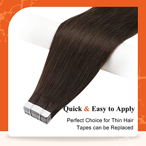 Image of Full Shine Tape in Hair Extensions Human Hair Color Dark Brown Tape Hair Extensions Real Human Hair 14Inch Skin Weft Tape in Extensions 20pcs 50Gram Silky Straight Hair Extensions Tape in