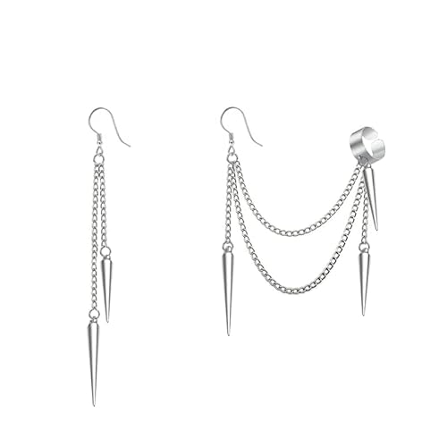 Black Spike Asymmetric Threader Drop Dangle Earrings for Women Men Teen Girls Boys Punk Personalized Cartilage No Pierced Cuff Long Chain Fish Hook Piercing Hanging Earrings for Boyfriend Daughter Son - Silvery