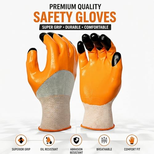 Image of Multipurpose Use |Anti Cut Nitrile Coated Nylon Knitting Work Safety Gloves | Hand & Fingers, Gardening, Construction, Agriculture & Automotive - Durable & Comfortable (ORANGEBLACK-5PAIRS)