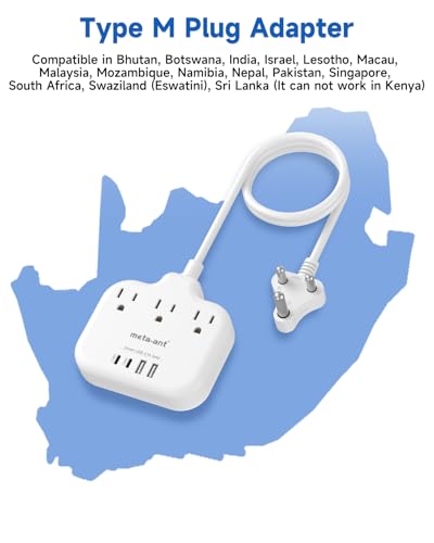 Image of South Africa Plug Adapter, Type M Adapter for South Africa with 3 AC Outlets & 4 USB Ports(2 USB C 4.2A), 3FT Extension Cord, Africa Travel Essentials for USA to South Africa Namibia Nepal Malaysi