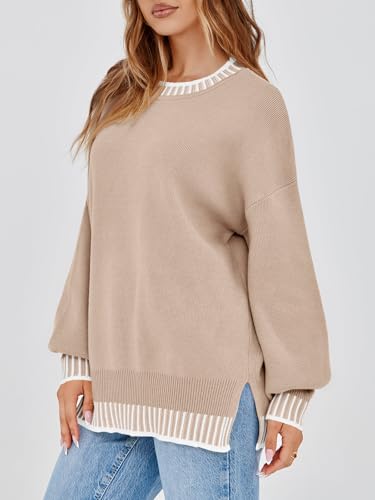 Saodimallsu Womens Oversized Sweaters Crewneck Color Block Winter Sweater Lantern Sleeve Side Slit Knit Pullover Tops4