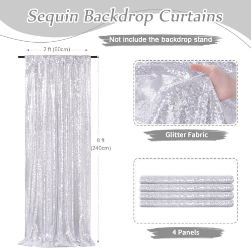 Image of Silver Sequin Backdrop Curtains-4 Panels 2FTx8FT Silver Backdrop for Valentines Day, Glitter Party Decorations Background Drapes for Wedding Birthday Anniversary Graduation Photo Booth Decor