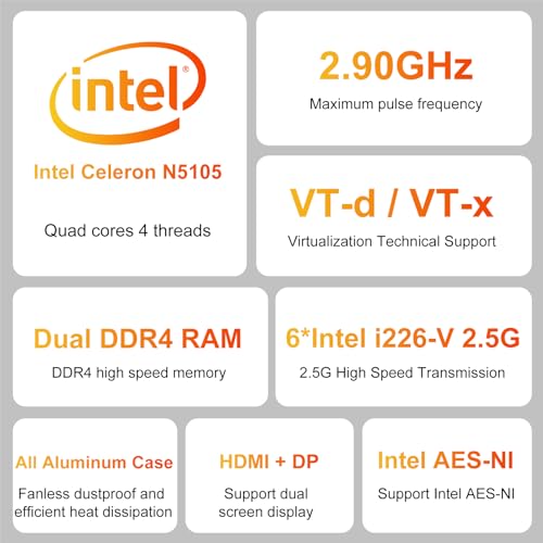 Image of 6 Ports Firewall Micro Appliance /Mini PC, Celeron N5105 Quad Core Firewall Mini PC with 6x2.5G i226-V NICs, Support AES-NI Router PC VPN OPNsense, Barebone