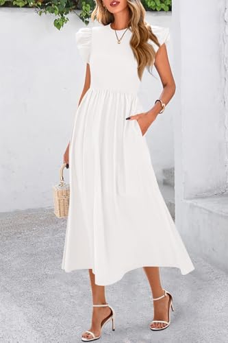 CFLONGE Women's Casual Short Puff Sleeve Summer Dresses for Women 2025 High Waist Casual Flowy A Line Midi Dress with Pockets2