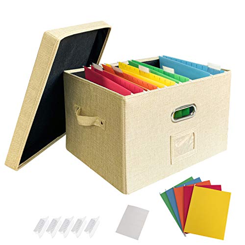 JSungo File Organizer Box Office Document Storage with Lid, Collapsible Linen Hanging Filing Organization, Home Portable Storage with Handle, Letter Size Legal Folder, Yellow