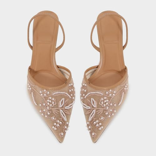 Trendenzy Women's Mesh Slingback Heels Closed Pointed Toe Slip On Pumps Ankle Strap Stiletto Sandals Pearl Wedding Shoes4