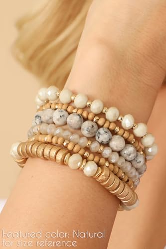 RIAH FASHION Bohemian Beaded Multi Layer Versatile Statement Bracelets - Natural Stone Wood Mix Stackable Stretch Strand Bangles2