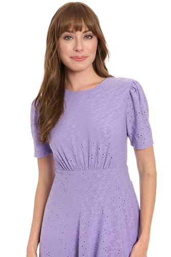 Image of London Times Women's Women's Eyelet Midi A-line Dress with Puff Sleeves - Gathered Waist Empire Cut - Wedding Guest Dress