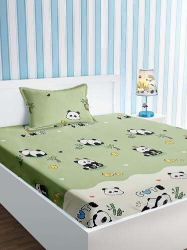 Image of Urban Dream Kids Cute Panda Print Green and White BEDSHEET Set (Single Bed)