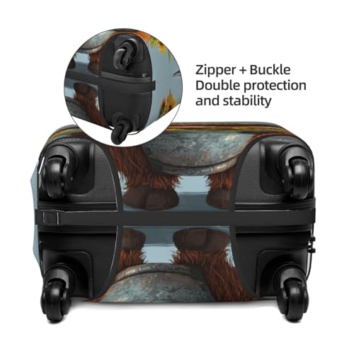 Cartoon Highland Cow Holding Sunflower Pot Elastic Travel Luggage Covers Dustproof Scratch-Resistant Suitcase Protector Fit 22-24 Inch2