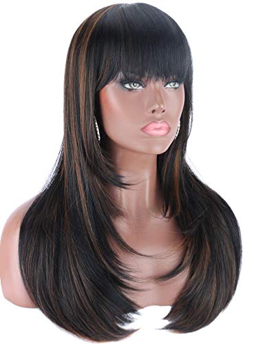 Kalyss Heat Resistant Yaki Synthetic Wig with Hair Bangs Long Straight Layered Black Wigs with Brown Highlights Natural Looking Centre Parting Hair Replacement Wigs for Women
