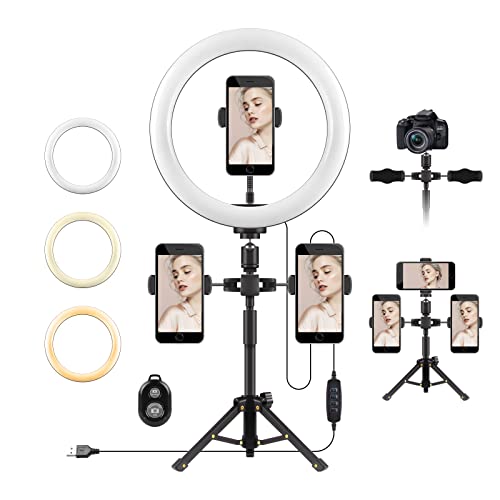 Paulida 10 Zoll LED Ringlicht mit Stativ Handy, Ringleuchte mit 3 Handyhalter & Fernbedienung, 3 Farbe und 10…