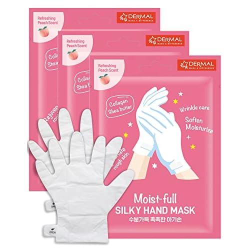 DERMAL Moistfull Silky Hand Mask Gloves 3 Pairs for Dry Hands – Intensive Repairing with Collagen and Shea Butter – Nourishing & Moisturizing Renew Hand Mask – Refreshing Peach Scent