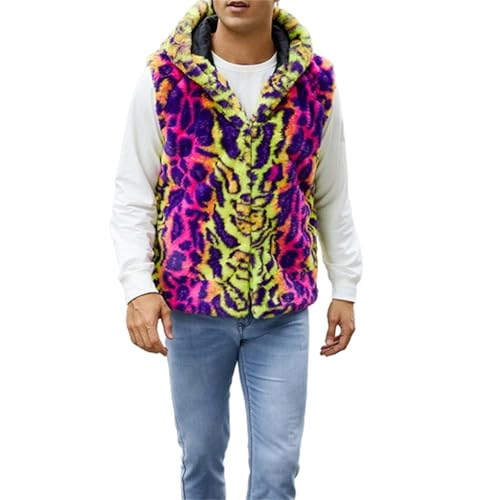 Hulpvktsgiq Men's Fall Winter Sleeveless Faux Fur Vest Coat Hooded Animal Print Faux Fur Jacket Fuzzy Cardigan Outwear
