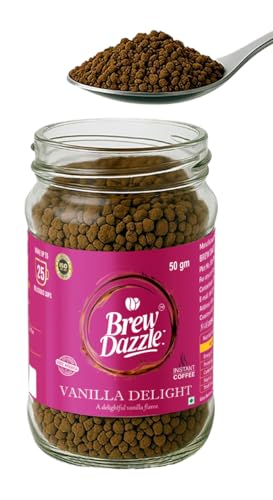 Image of BREW DAZZLE Vanilla Delight Instant Coffee | Aromatic Flavoured Instant Coffee | 100% Arabica | Vanilla Flavour Natural Delightful Coffee Granules (50g)