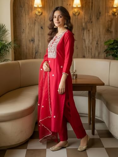 Image of INDO ERA Women's Silk Blend Embroidered Straight Kurta Pant with Dupatta Set