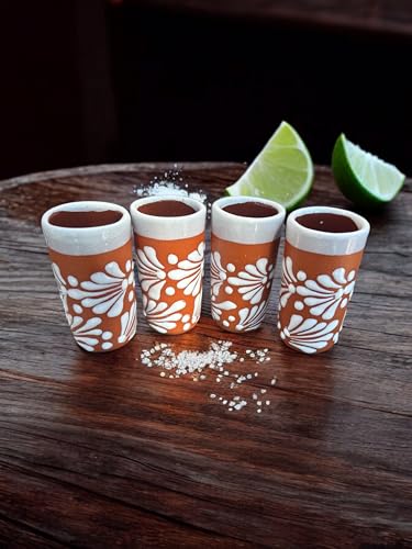Lot of 20 Terracotta & White Shot Glasses - 3 oz Mexican Pottery for Tequila Shots, Wedding Favors, and Parties