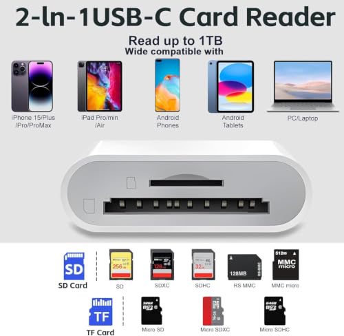 USB C SD Card Reader, Type C SD Card Reader, Supports SD and MicroSD Memory Card Adapters for iPhone 15 16/iPad/MacBook/Mac, Trail Camera Viewer Plug and Play -2 Slots