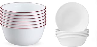 Glass 28oz Red Band Bowl 6pk & Cereal Bowl Set for 6 | 18 Ounce Reusable Soup Bowls in Winter Frost White, Dishwasher and Microwave Safe