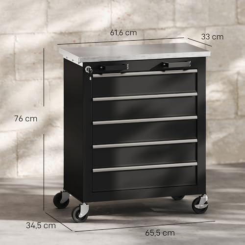 HOMCOM Carro de Herramientas con 5 Cajones y Cerradura, Carro de Taller con Ruedas con Freno, Encimera de Acero Inoxidable, Caja de Herramientas con Conectores Laterales para Garaje, Negro y Plata - imagen 3