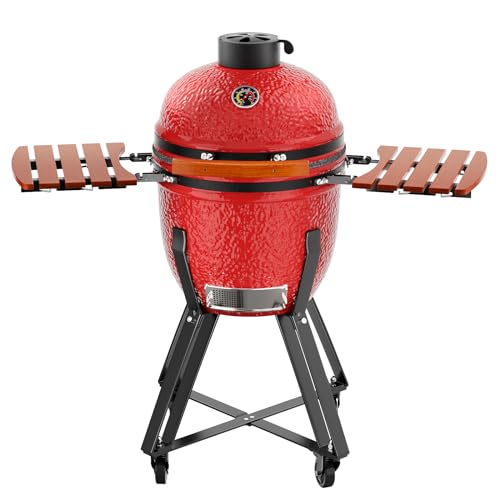 ROOMTEC 18 Inch Kamado Charcoal Grill with Cover, Portable Camping Grill with Cart and Side Shelves, Tabletop Barbecue Grill for Home Party and Outdoor Backyard Cooking, Blaze Red