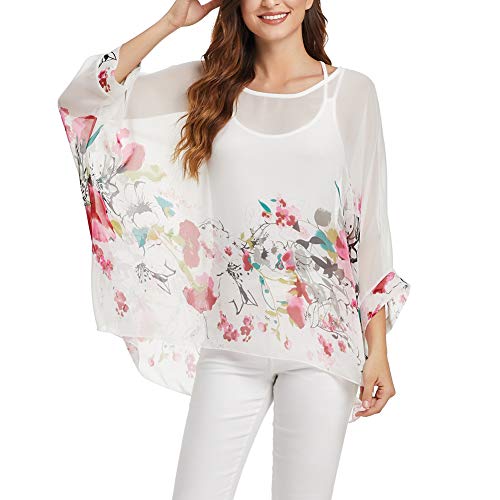 Image of Ckikiou Plus Size Batwing Flowy Semi Sheer Chiffon Blouse Tunic for Women Summer Floral Print Boho Beach Cover ups