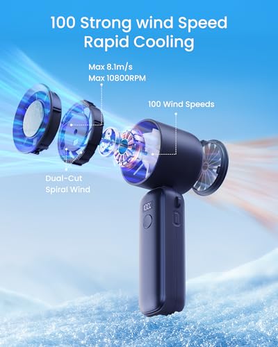 Image of Gaiatop Portable Turbo Handheld Fan with Ice Cooler,Powerful High-Speed Foldable Hand Fan With 100 Speed Adjustable,4800mAh Rechargeable Personal Fans Gift for Travel Indoor Outdoor Use (Navy Blue)